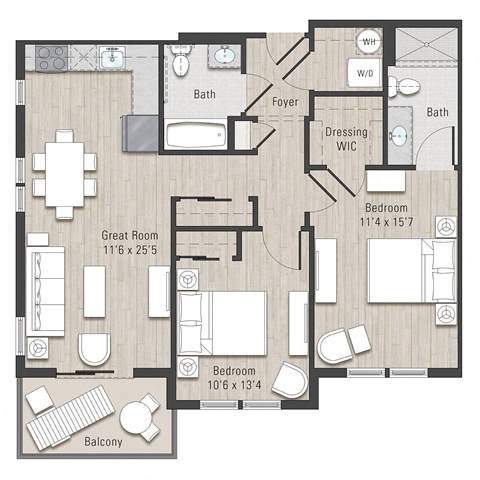 Floor plan for 2 beds, 2 baths, 955 sqft